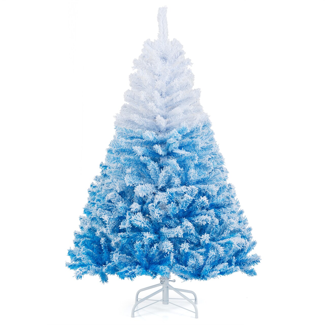 White-Blue PVC Christmas Tree with Flocked Branches and Metal Stand